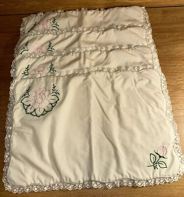 #ad Vtg Quilted Embroidered Flowers Placemats Handmade Rectangle Lace Edges 18 X12 $21.35