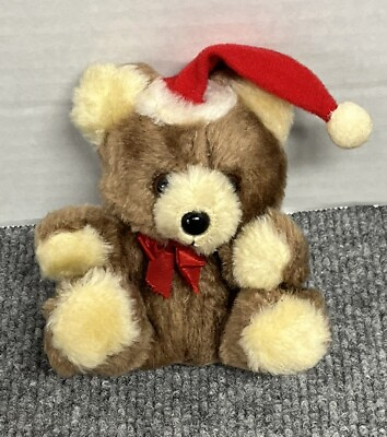 #ad Russ Berrie Mini Christmas Bear 4quot; Plush Santa Vintage Hat Red Bow $7.99