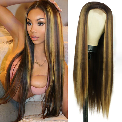 #ad 28quot; Long Straight Hair Lace Front Wigs Middle Part Mini Lace Cosplay Party Wigs $24.99