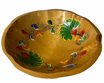 #ad Vintage Wooden Bowl Hand Painted Floral Unique edge from Mexico Boho 11.75quot; $34.99