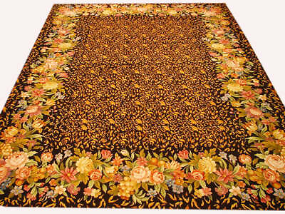 #ad 9#x27; x 12#x27; French wool Oriental Handmade Black Needlepoint Nature Desgin rug $2812.50