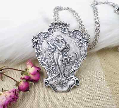 #ad Antique Silver Plated Goddess Necklace Musical Maiden with Harp and Dragonfly $28.46