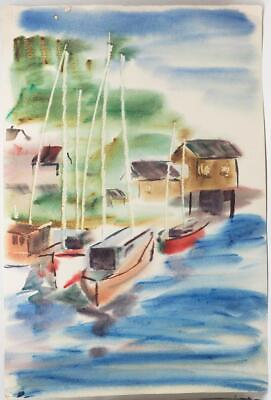 #ad Vintage Watercolor Painting Boats In Water circa 1959 1960 $104.99