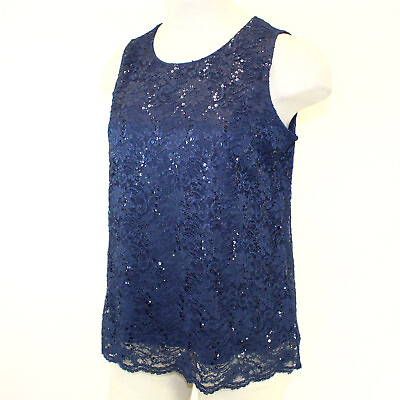 #ad Catherines Plus Navy Blue Lace Sequin Sleeveless Top Blouse Tank 16 W $35.99