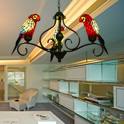 #ad Tiffany Pendant Light Parrot Shaped 3 6 Lights Stained Glass Hanging Chandelier $359.00