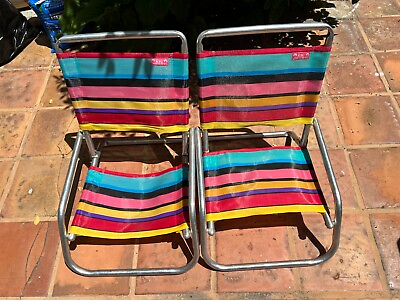 #ad 2 Vintage Rio Beach Collection Low Lawn Beach Aluminum Chairs Stripes With Arms $49.95