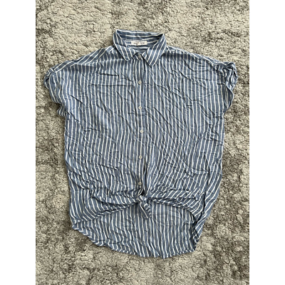 #ad Workshop Shirt Womens L Blue Striped Button Up Short Sleeve Cap Collar Twist $16.61
