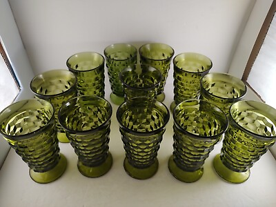 #ad Indiana Glass Cubist Olive Green Glasses Cubist 6” Set of 12 $75.00