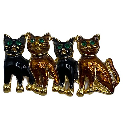 #ad Vtg Enamel Four Cat Brooch Green Crystal Eyes Kitty Halloween Pin $24.95