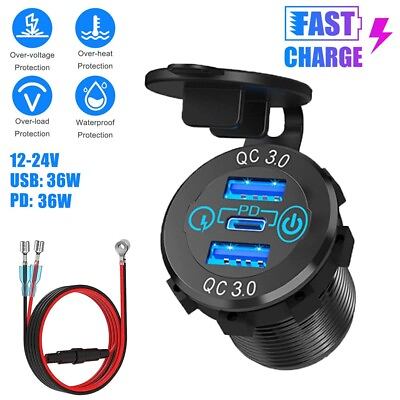 #ad USB Car Charger Dual QC3.0 PD Type C Triple Charging Port Outlet Socket For 12V $11.98