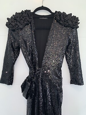 #ad Zhivago Sequin Wrap Ruffle Shoulder Black Maxi Dress 4 Small $425.00