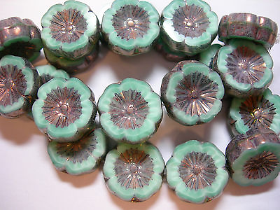 #ad 10 beads Soft Mint Silk Picasso Czech Glass Flower Beads 14mm $6.99