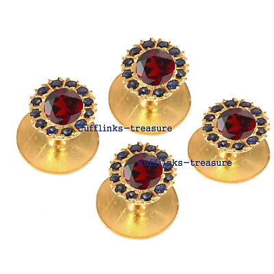 #ad Natural Garnet amp; Sapphire Gemstones Gold Plated 925 Silver Tuxedo Buttons set #9 $195.00