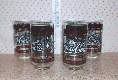 #ad Set of 6 Vintage Coca Cola Coke Drinking Glasses Tiffany style Stained Glass Red $38.00