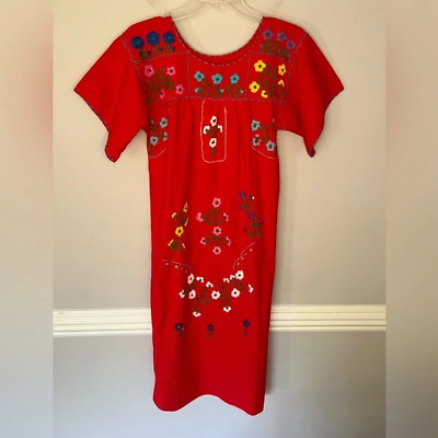 #ad Handmade Embroidered Red Short Sleeve Pueblo Dress Size Small $23.94