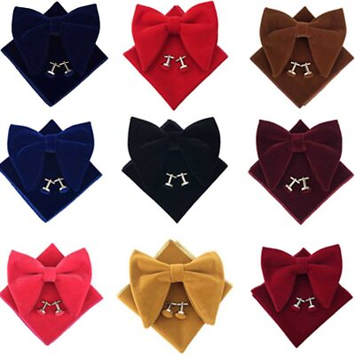 #ad Men Solid Color Big Velvet Pre tied Bow Tie Pocket Square Cufflinks Bowtie Set $10.95