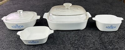 #ad Corning Ware Corn Flower Blue Casserole LOT AND 1 WITH PLAIN WHITE $42.99