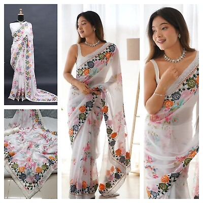 #ad Women Georgette Saree Beautiful Flowers Digital Print White Multi Dori Work Sari $49.00