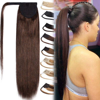 #ad Clip In Thick Ponytail 100% Remy Human Hair Extensions Wrap Around Pony Tail $64.74