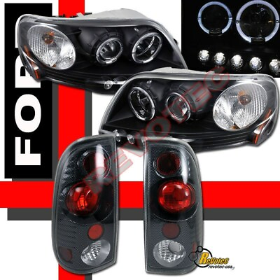 #ad 1997 2003 Ford F150 Pickup Black Halo Projector Headlights Tail Lights Carbon $172.95