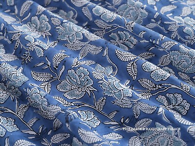 #ad Indian Blue Floral Print Dressmaking Cotton Fabric Hand Block Print By The Yard $14.99