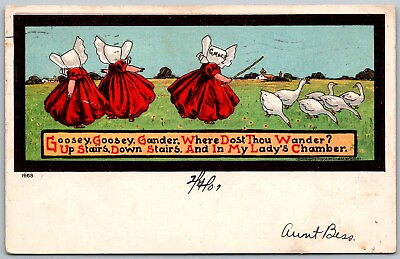 #ad Goosey Goosey Gander Nursery Rhyme 1907 Ullman Postcard Girls Bonnets Geese $5.01