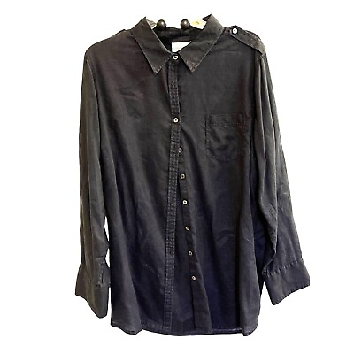 #ad SoftSurroundings Linen Button Down Shirt Roll Tab Sleeve Blouse Black Size 1X Pl $80.00