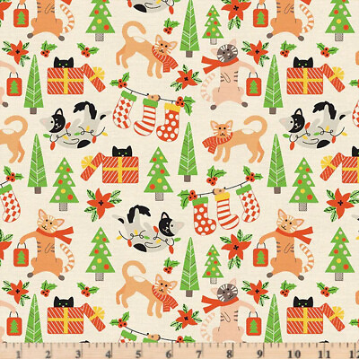 #ad Christmas Friends Christmas Cats Cream Cotton Fabric PBS by the Half Yard $4.75