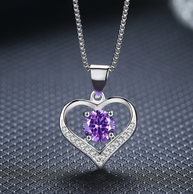 #ad WOMEN 925 Sterling Silver Heart Blue Purple CZ Pendant Necklace 18quot; chain Box $8.95