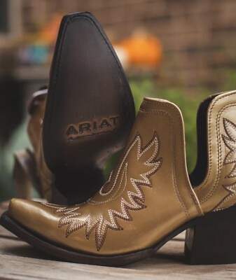 #ad Ariat Dixon Gold Embroidered Western Ankle Booties Womens Size 7 NWT $199 $134.96
