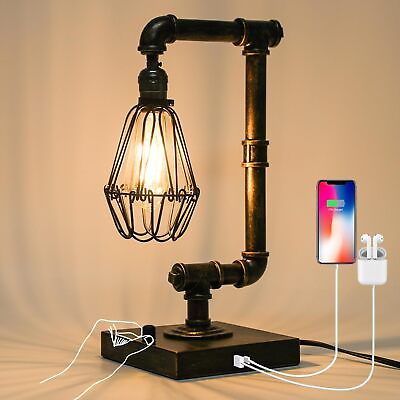 #ad Steampunk Table Lamp Industrial Desk Lamp with USB Ports Rustic Edison Bulb... $71.55
