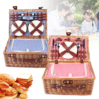 #ad Picnic Basket Two Four Persons Willow Wicker Picknick Basket Set w Insulation $53.00