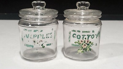 #ad 2 Vintage quot;Nipplesquot; quot;Cottonquot; Jars w Lids Nursery Baby Glass Baby Jars Floral $12.88