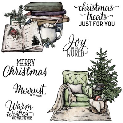 #ad Merry Christmas Cozy Chair Tree Books Metal Cutting Dies Clear Stamps Card Craft $12.08