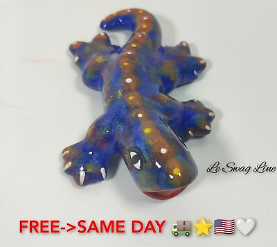 #ad Gorgeous Small Blue Talavera Style Lizard Mexico Art Pottery Figure Iguana $21.99