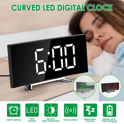 Desktop Digital LED Curved Screen Mirror Clock Display Temperature Snooze Alarms $17.47