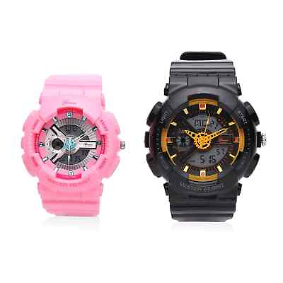#ad GENOA Set of 2 Japanese Movement Black Dial Watch Black Pink Silicone Strap $54.08
