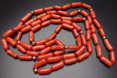 #ad Vintage Tube Branch Bamboo Red Coral Gold Beaded Necklace 28g $175.00