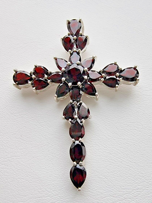 #ad LARGE BEAUTIFUL 925 STERLING SILVER GARNET CROSS NECKLACE $95.00