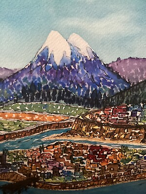 #ad Vintage Watercolor Painting Mountain Town $29.00