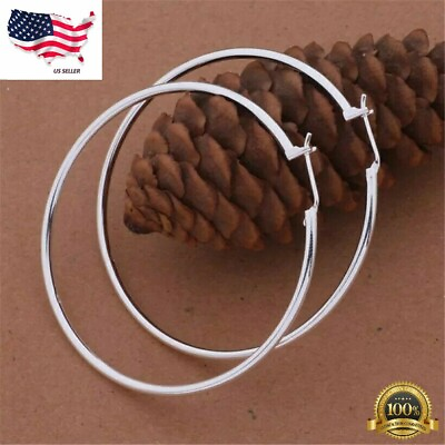 #ad Womens Silver Plated 50mm 2” Big Round Large Thin Hoop Earrings Lab Created $3.25