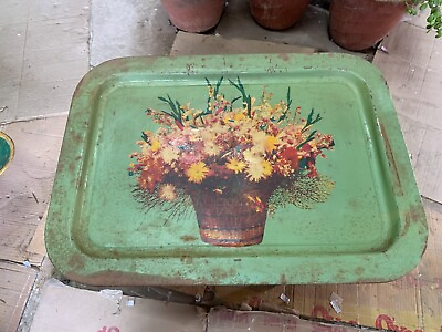#ad 1900#x27;s Vintage Flowers Pot Lithograph Printed Tin Metal Serving Tray Serveware $199.00