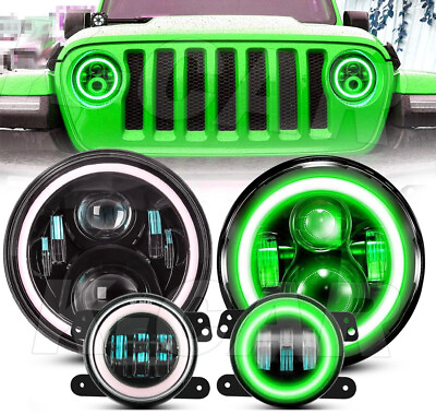 Green 7quot; LED Halo Headlights Fog Lights DRL Lamp for Jeep Wrangler JK JKU 07 18 $116.99