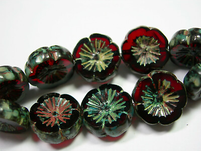 #ad 10 beads Garnet Red Picasso Czech Glass Flower Beads 14mm $6.99