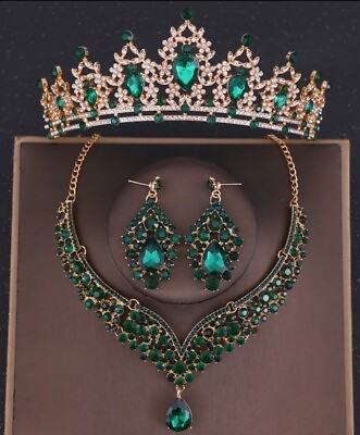 #ad Bridal Rhinestone Crown Tiara Crystal Necklace Earrings Set GREEN $25.00
