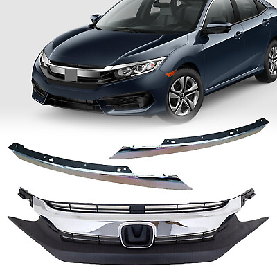 #ad Fit 2016 2017 2018 Honda Civic Front Upper Grille Grill W Chrome Eyelid Molding $84.83