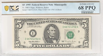 #ad $5 1995 Federal Reserve Note Minneapolis WithrowRubin FW I A PCGS 68 Graded $69.99