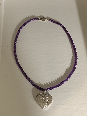 #ad Amethyst Sterling 925 Bead Heart Photo Locket Necklace $30.00
