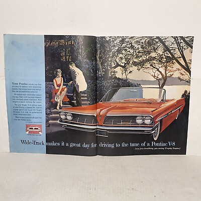 #ad Vintage 1961 Red Convertible Pontiac V8 Bonneville Full Color 2 Page Magazine Ad $16.99