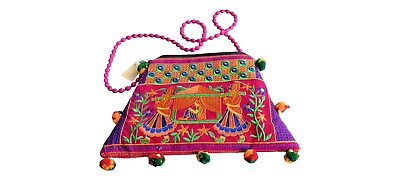 #ad India Rajasthani embroidered handmade cotton bag mirrors sedan chair 9quot; deep $12.50